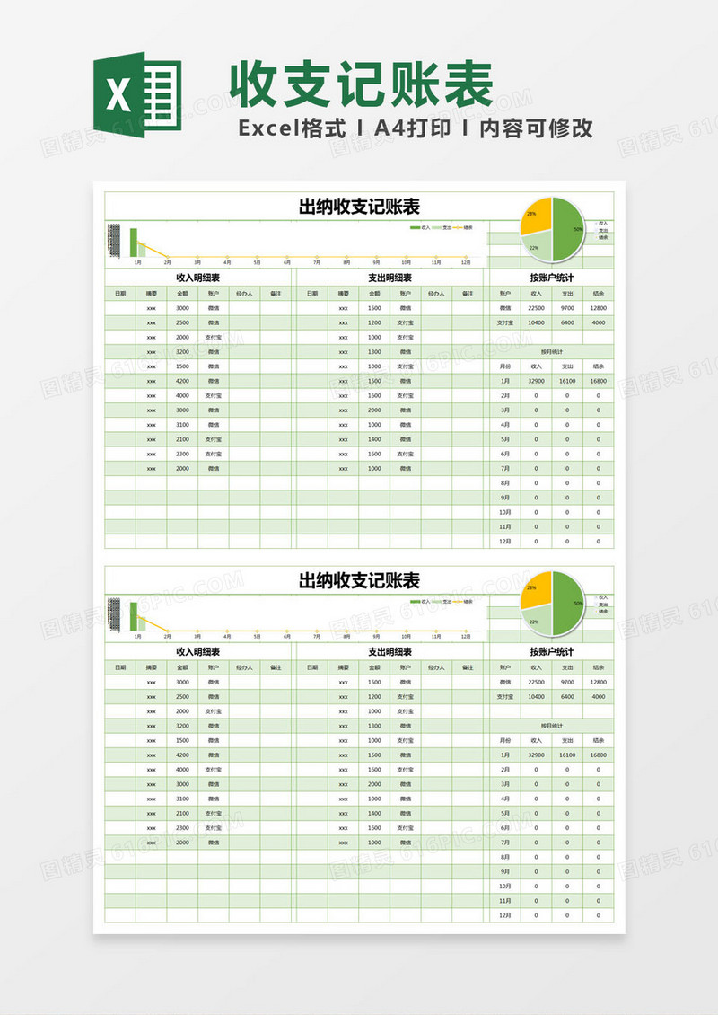 绿色简约出纳收支记账表excel模版
