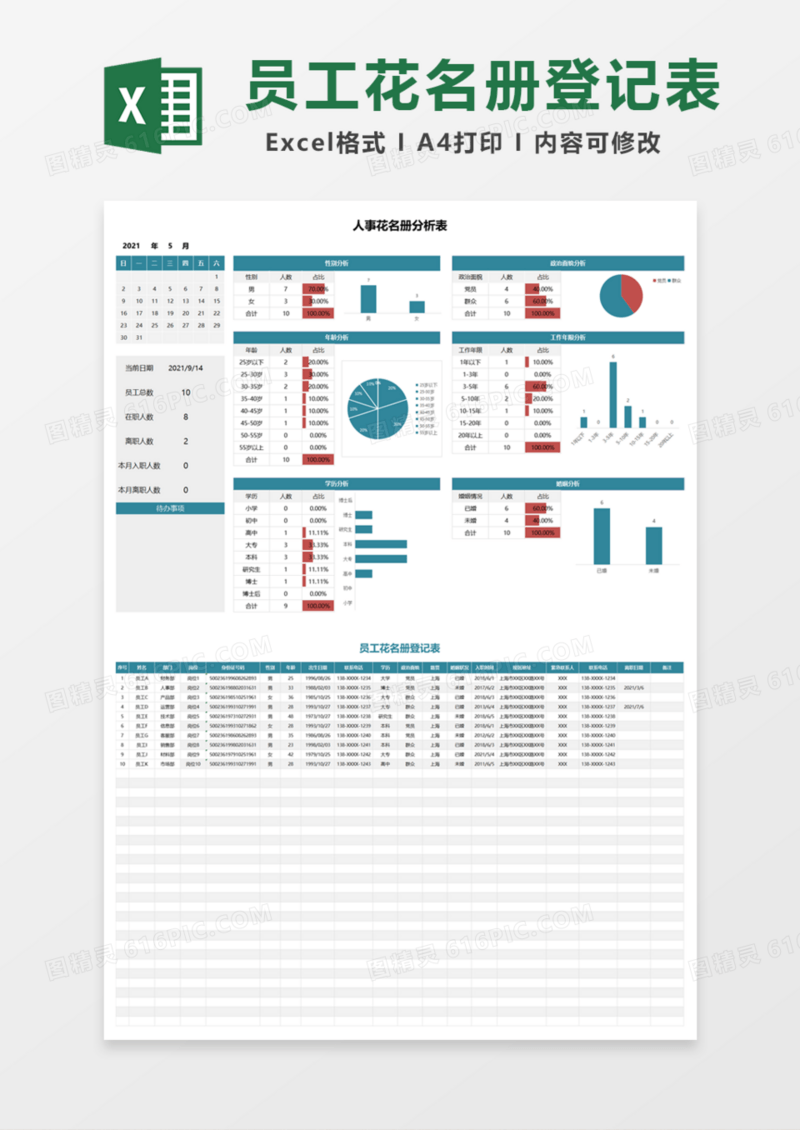 企业员工花名册登记表Excel模板