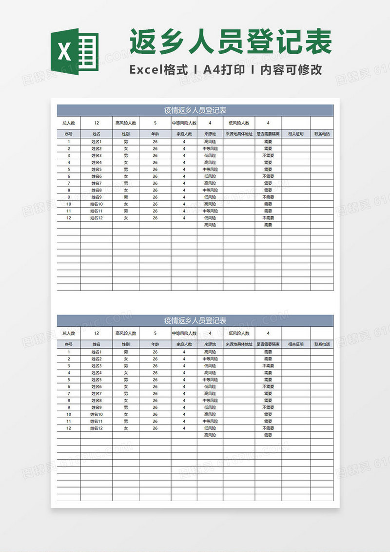 蓝灰简约疫情返乡人员登记表
