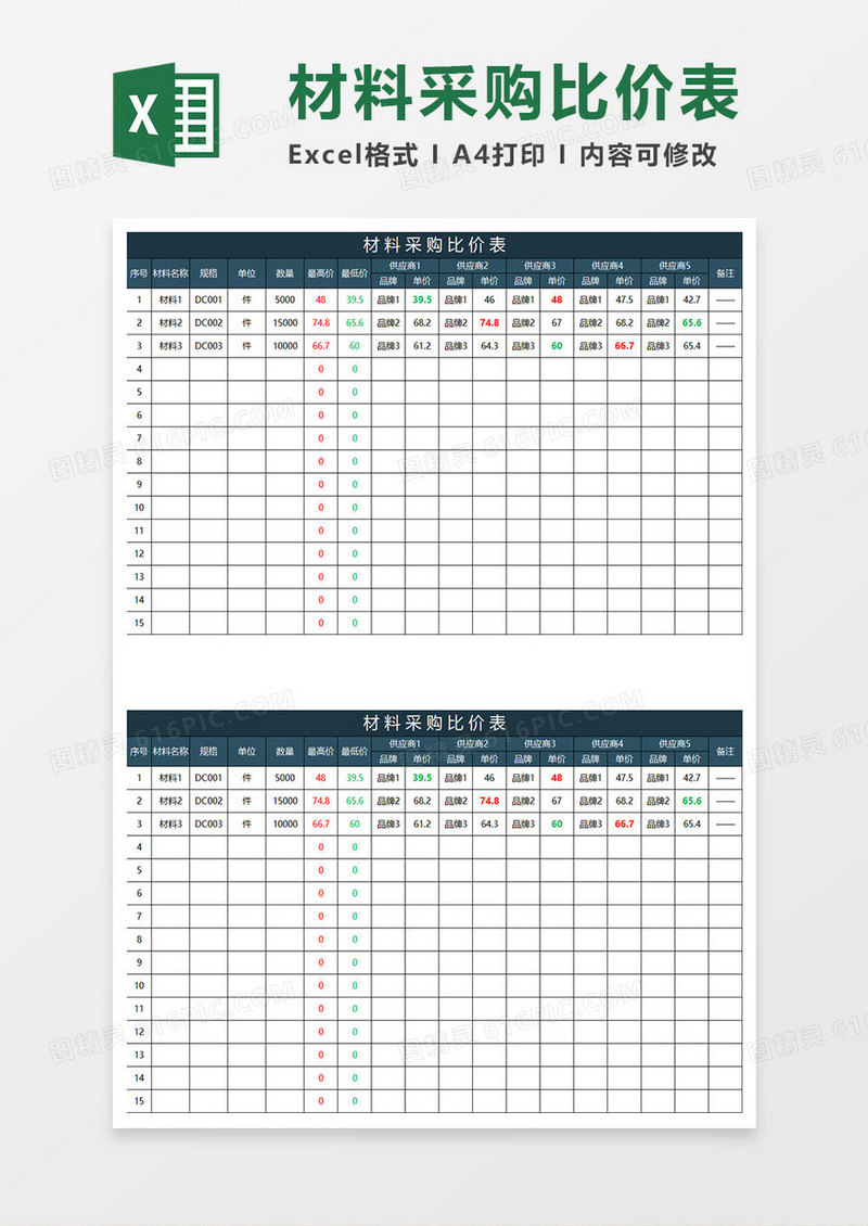深青简约材料采购比价表