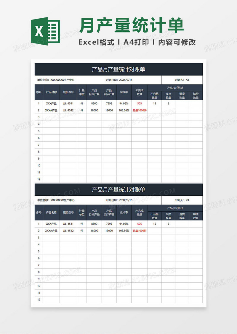 蓝灰简约产品月产量统计对账单