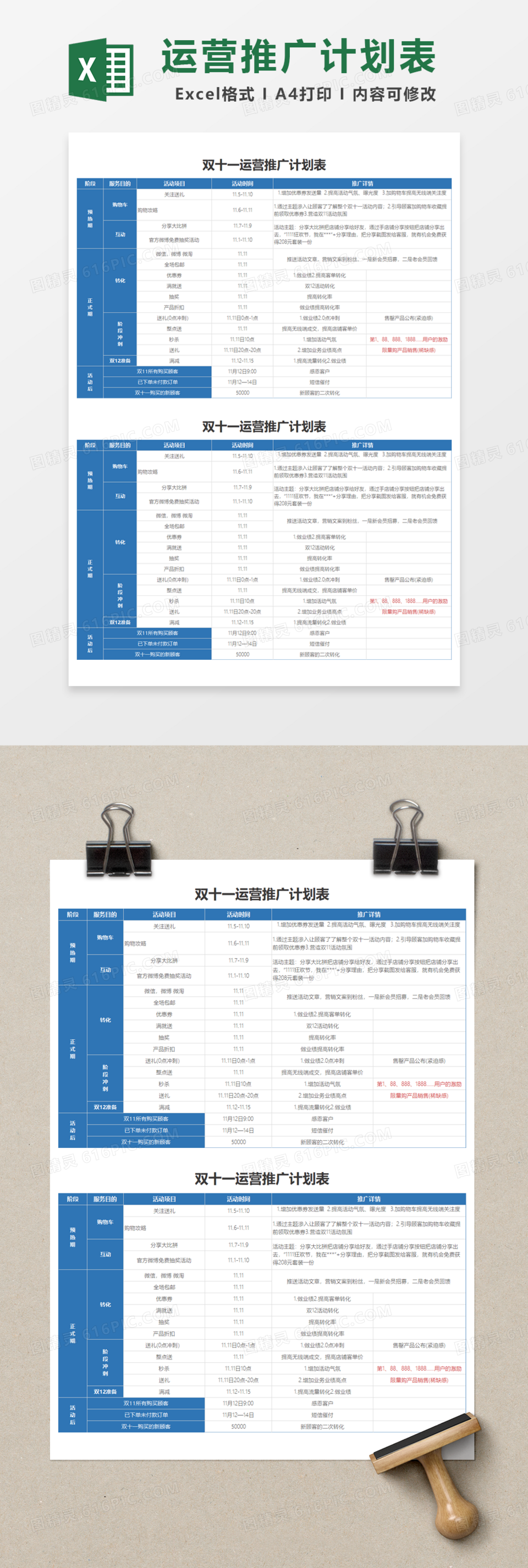 双十一运营推广计划表Excel模板