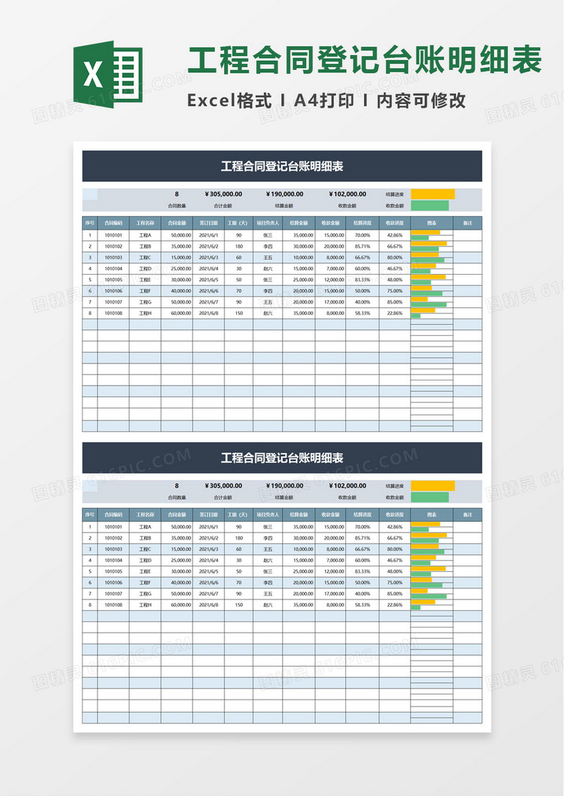 工程合同登记台账明细表excel模板
