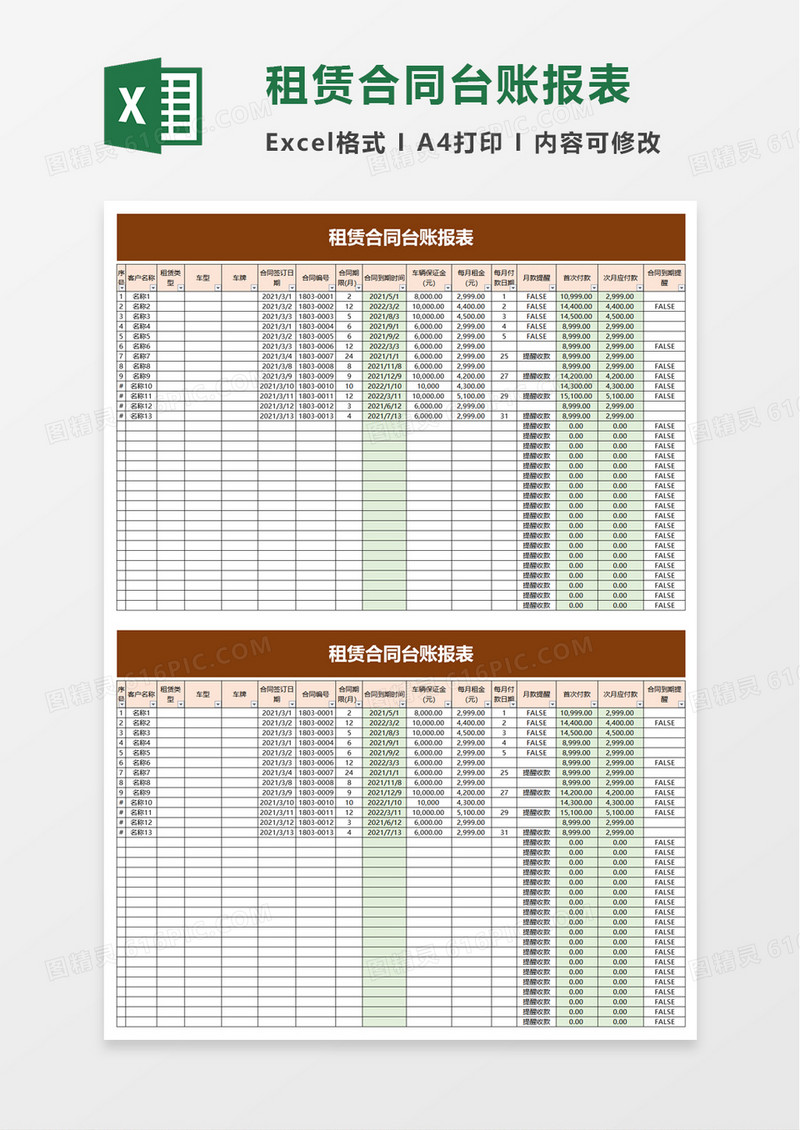 租赁合同台账报表excel模板
