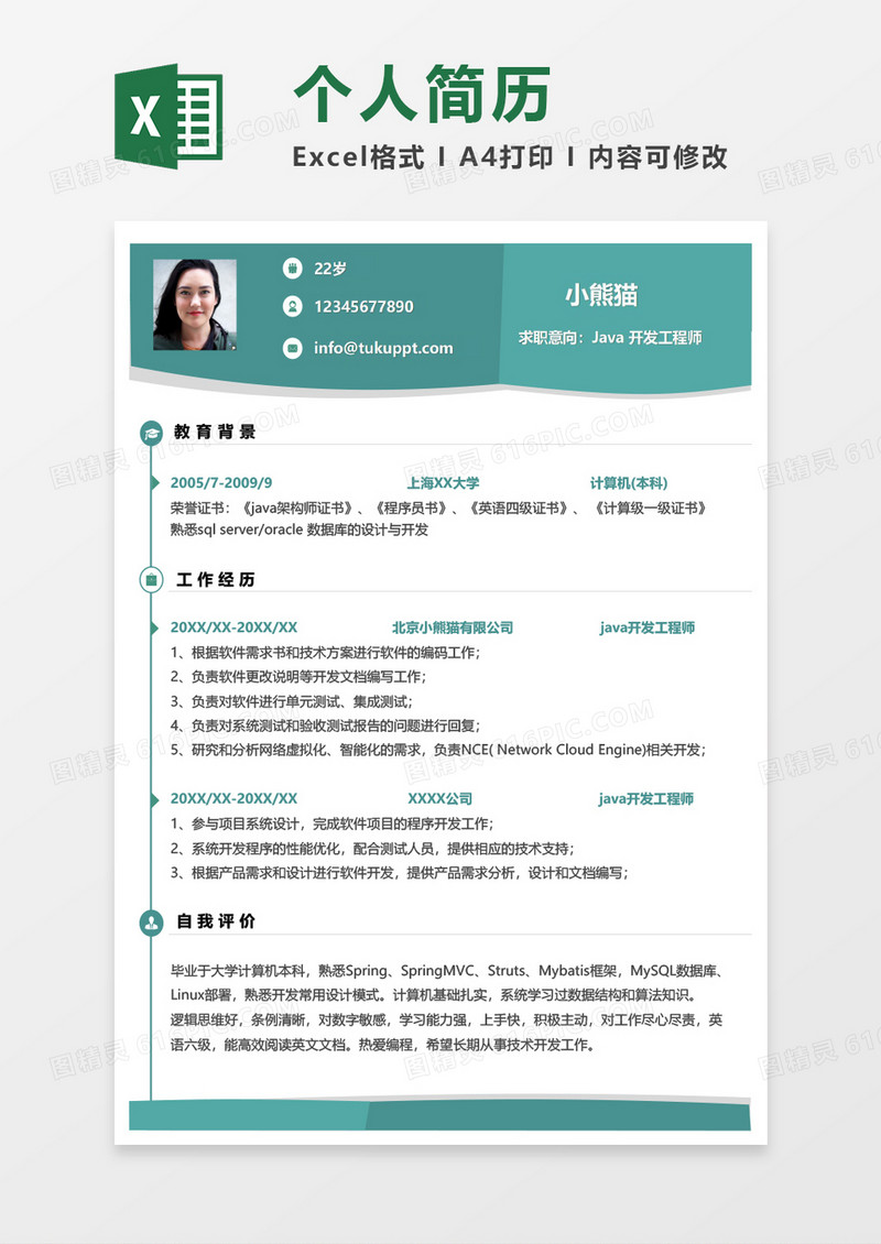 绿色简约JAVA开发工程师求职简历EXCEL模板