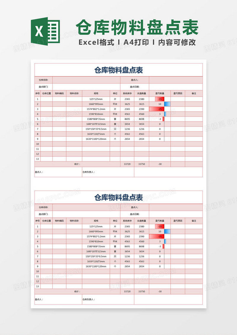 红色简约仓库物料盘点表excel模版