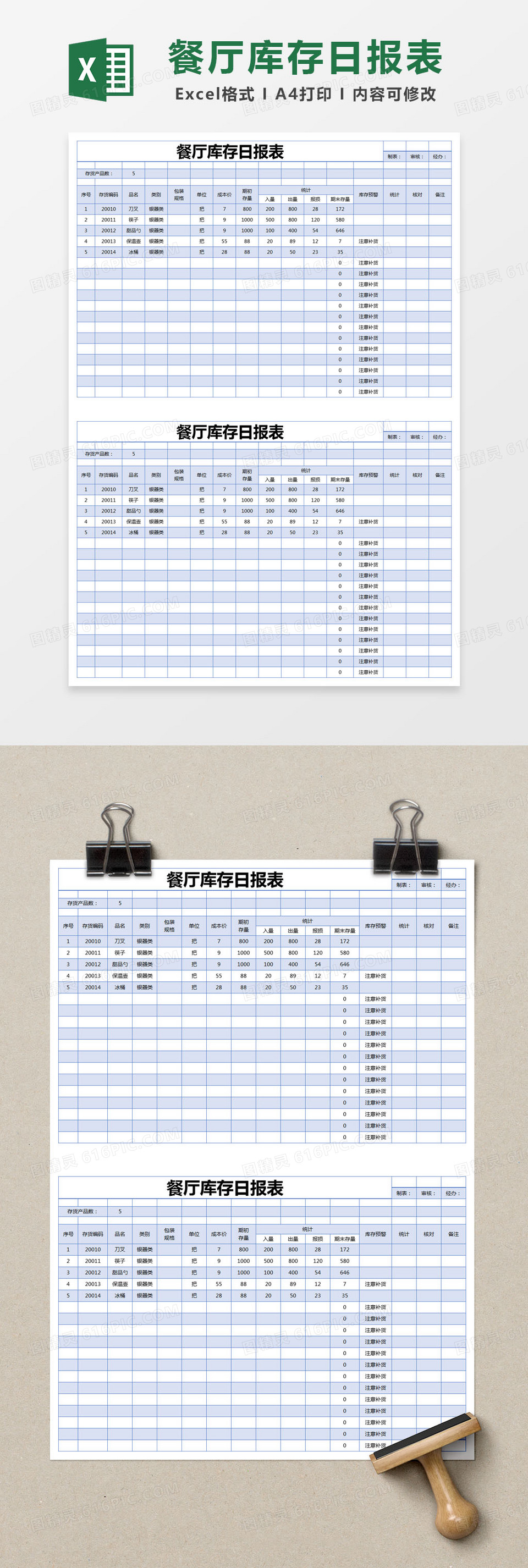 蓝色简约餐厅库存日报表excel模版