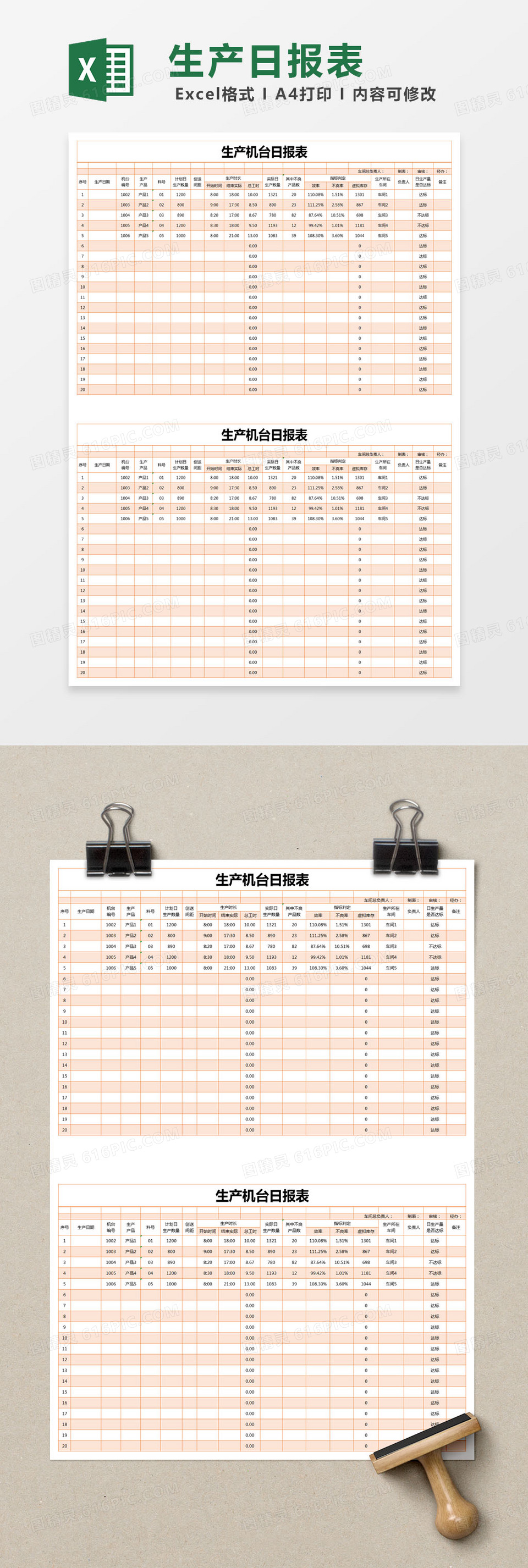 橙色简约生产机台日报表excel模版