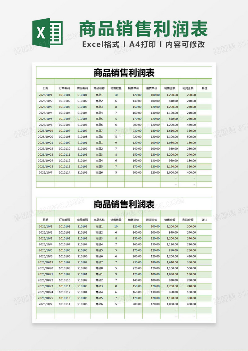 绿色简约商品销售利润表excel模版