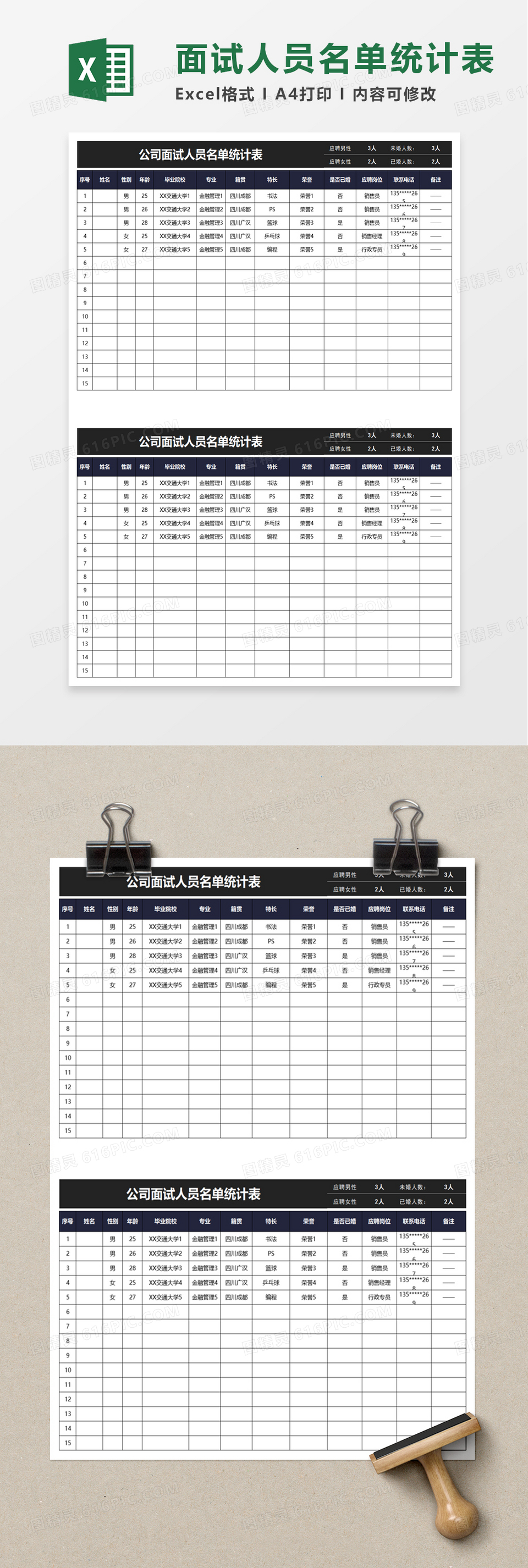 公司面试人员名单统计表excel模板