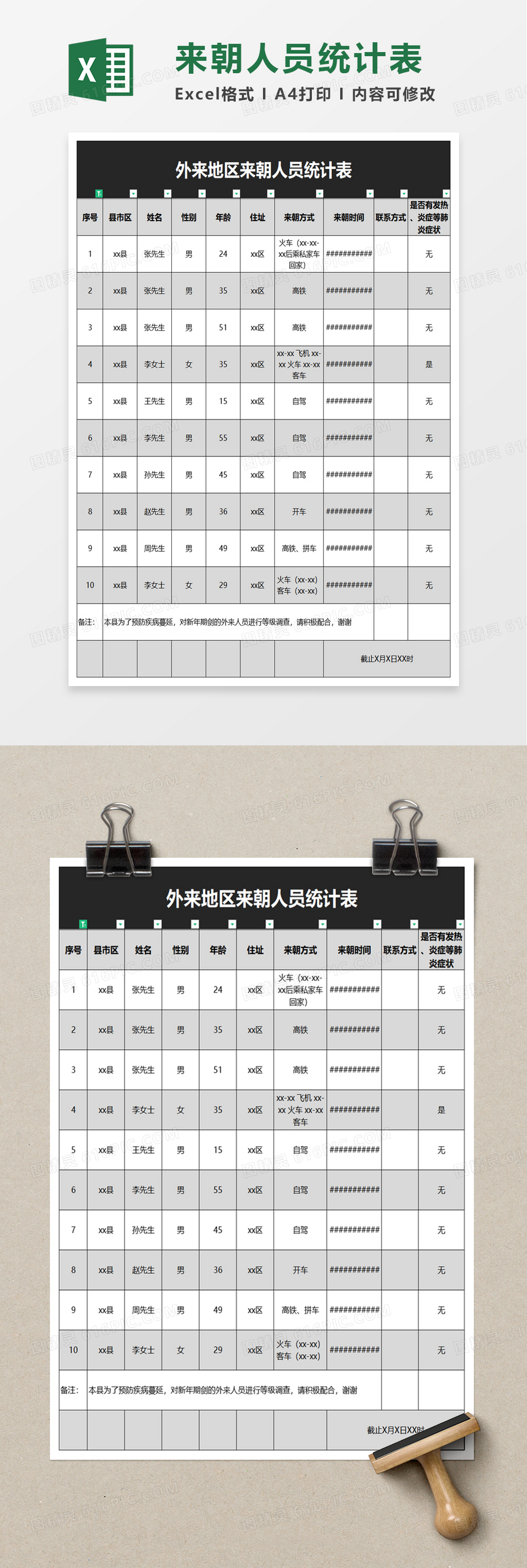 外来地区来朝人员统计表excel模板