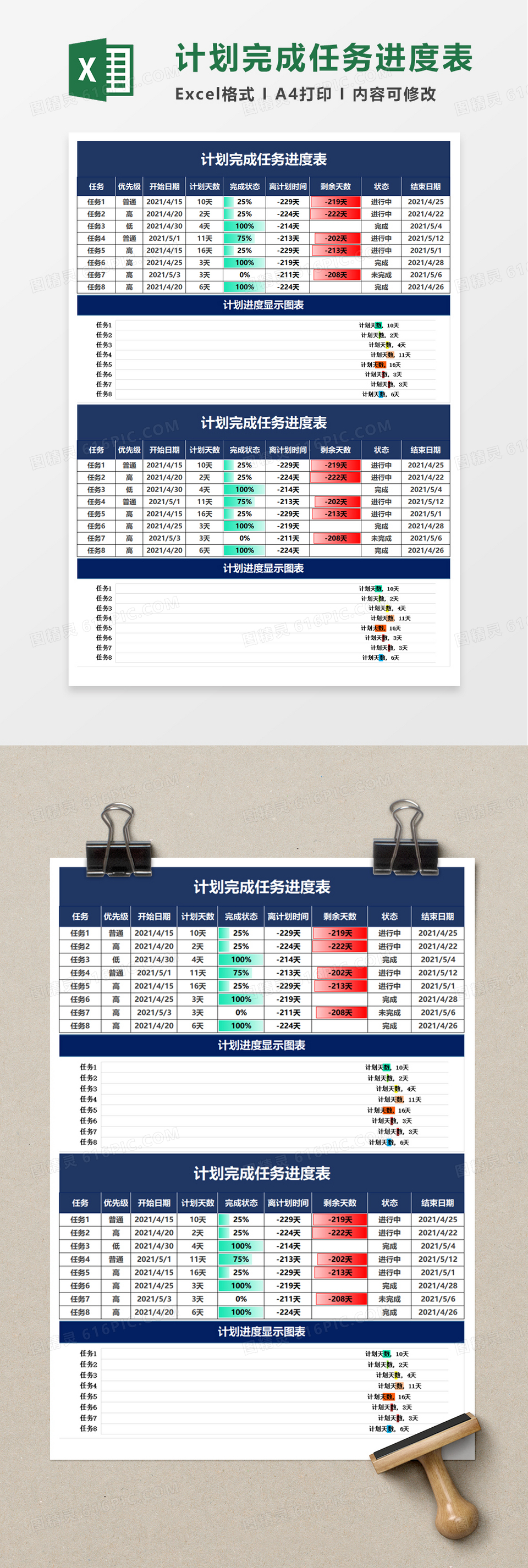 计划完成任务进度表excel模板