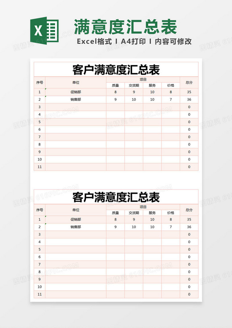 红色简约客户满意度汇总表excel模版