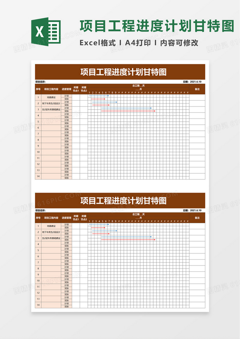 项目工程进度计划甘特图excel模板