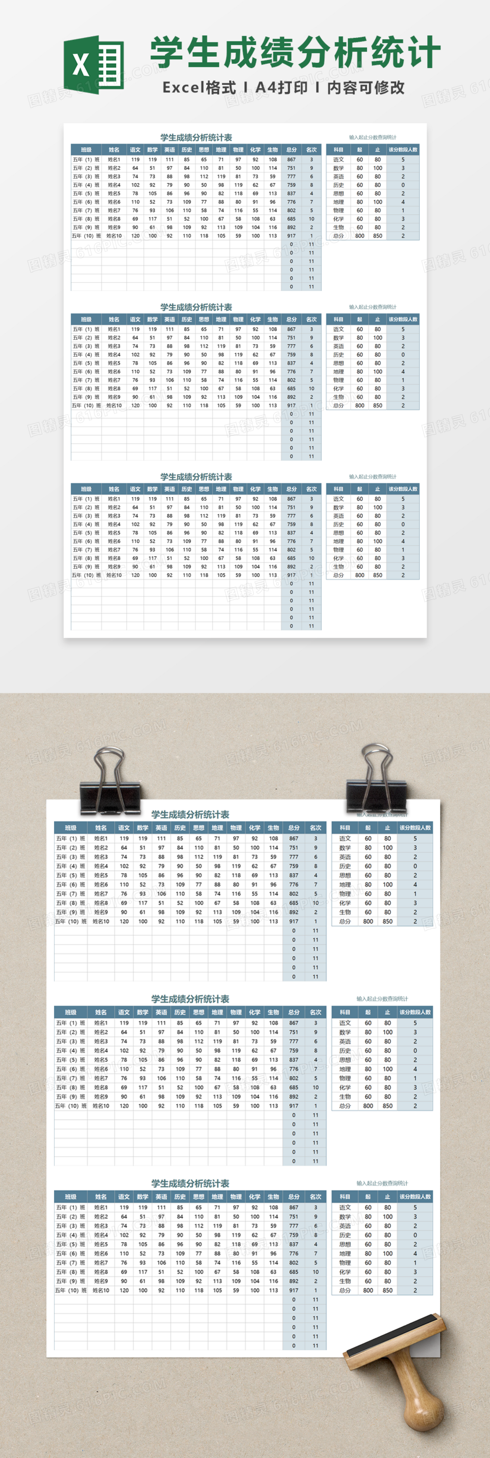 简明学生成绩分析统计表Excel模板