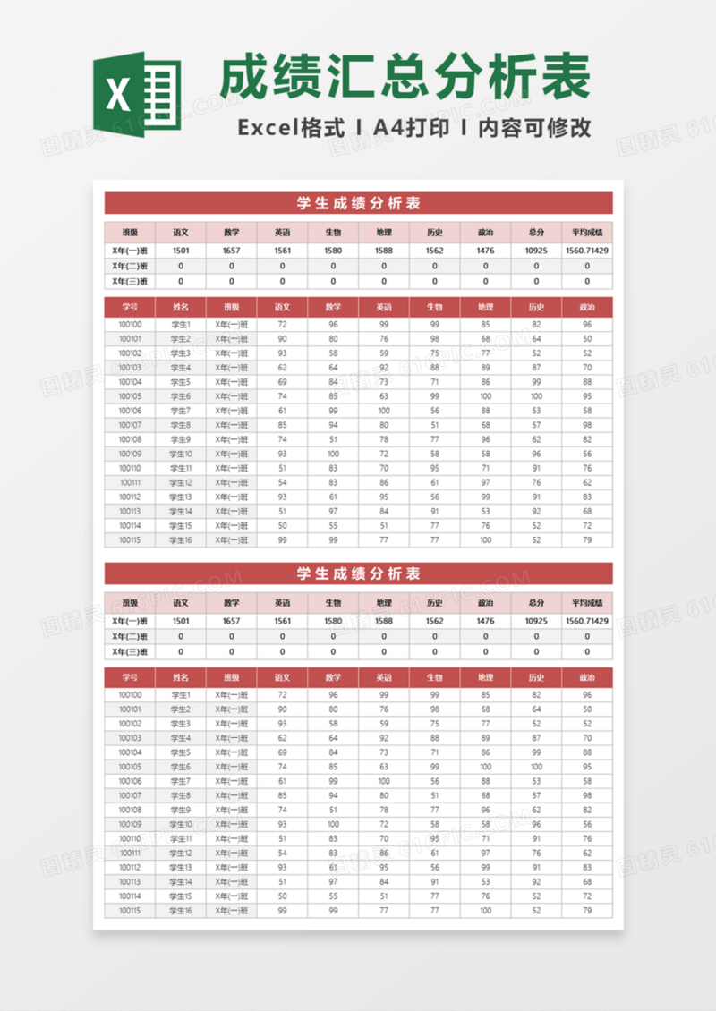 学生成绩汇总分析表Excel模板
