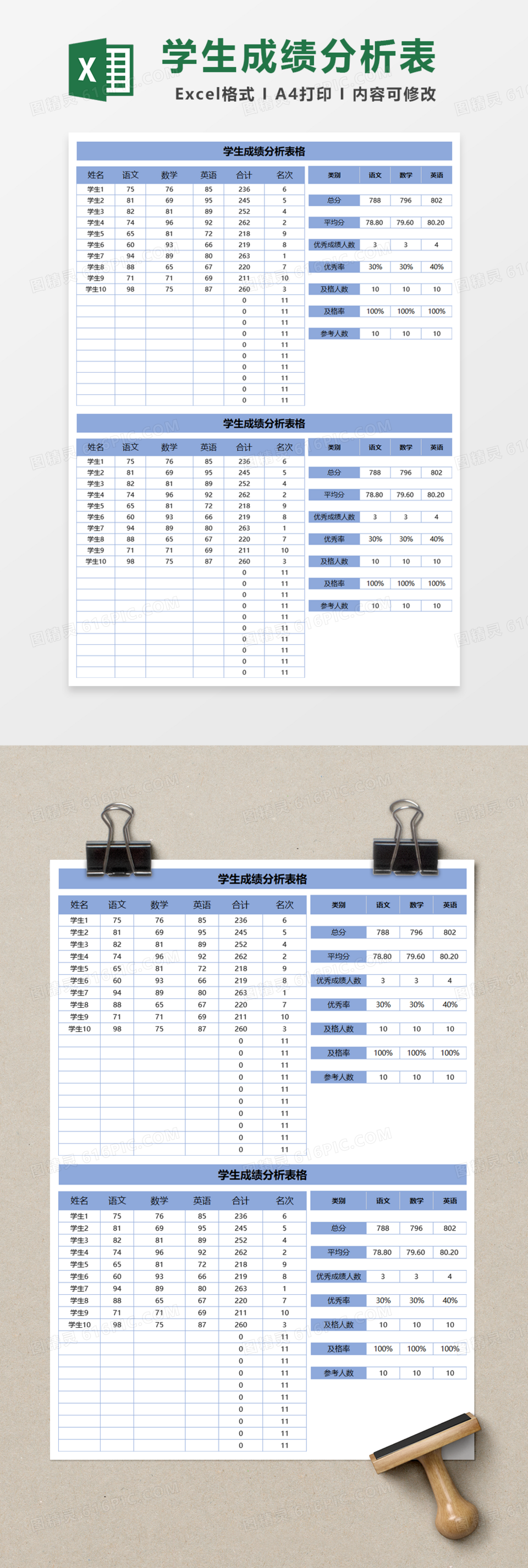 学生成绩分析表格Excel模板