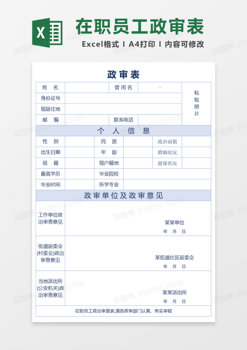在职员工政审表Excel模板