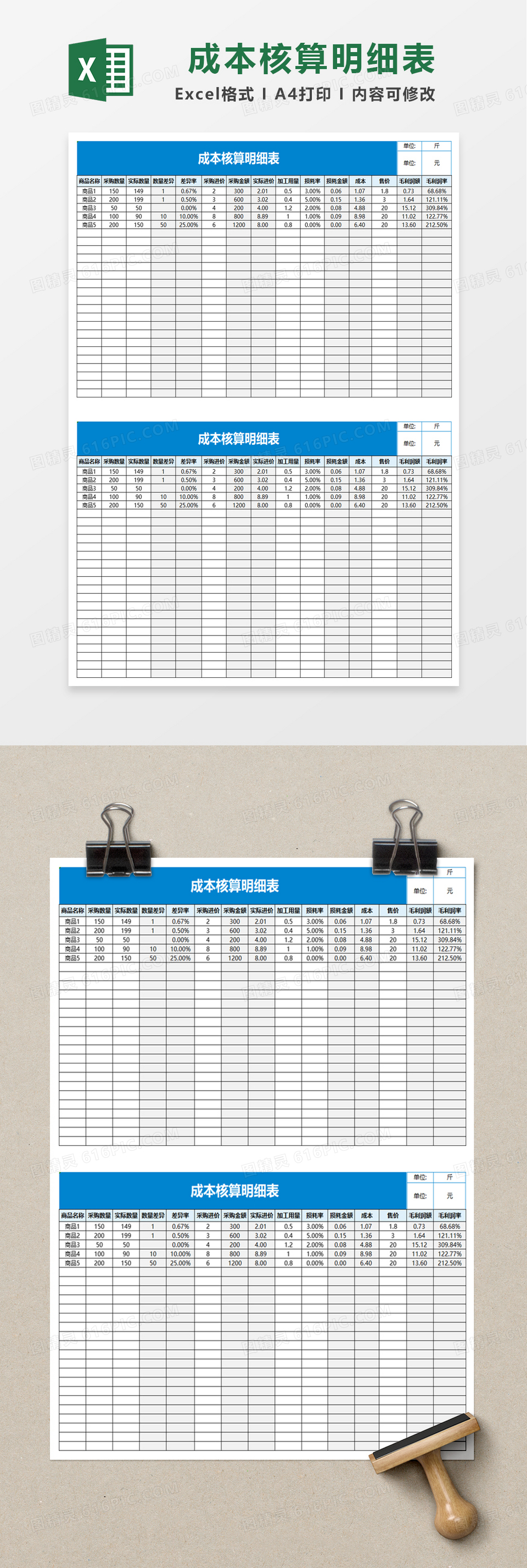 简单成本核算明细表excel模板