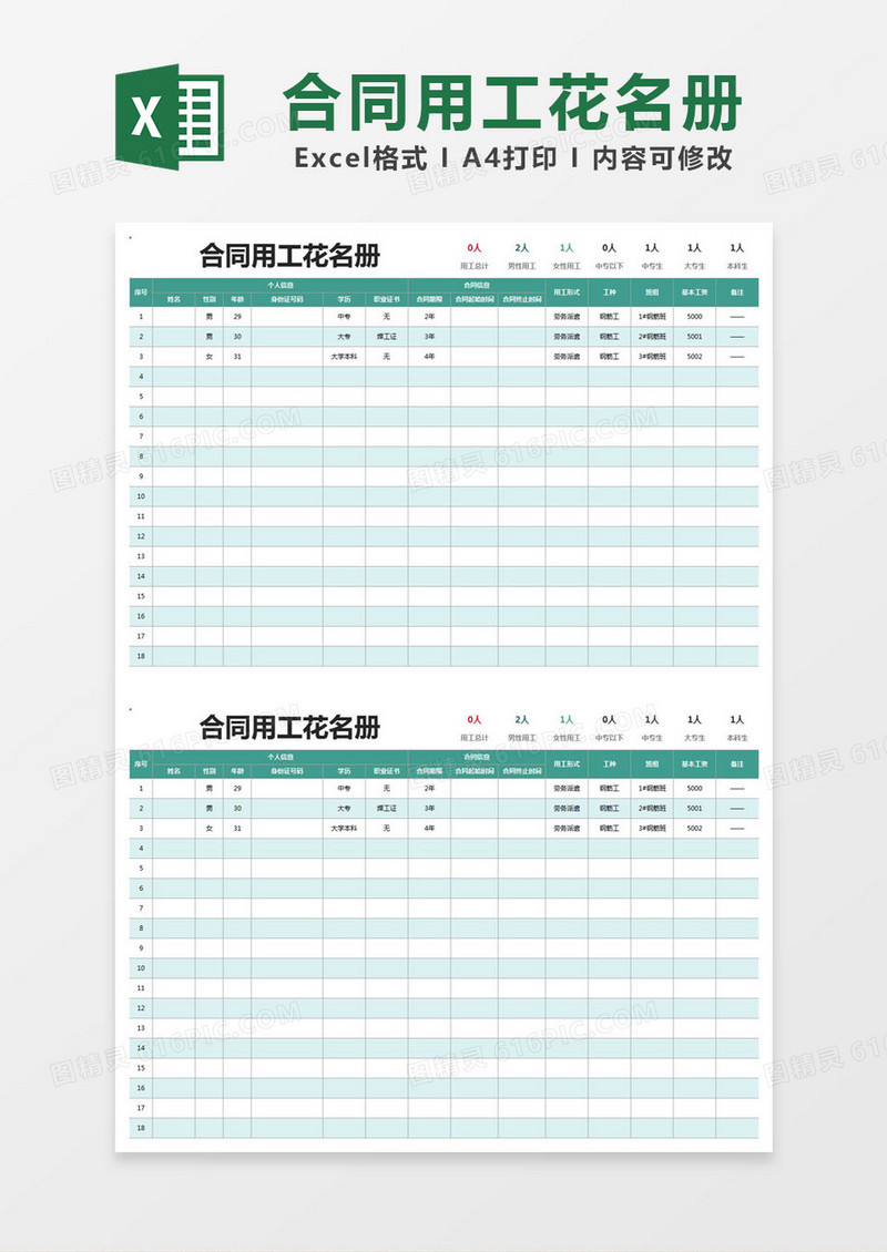 蓝色简约合同用工花名册excel模版