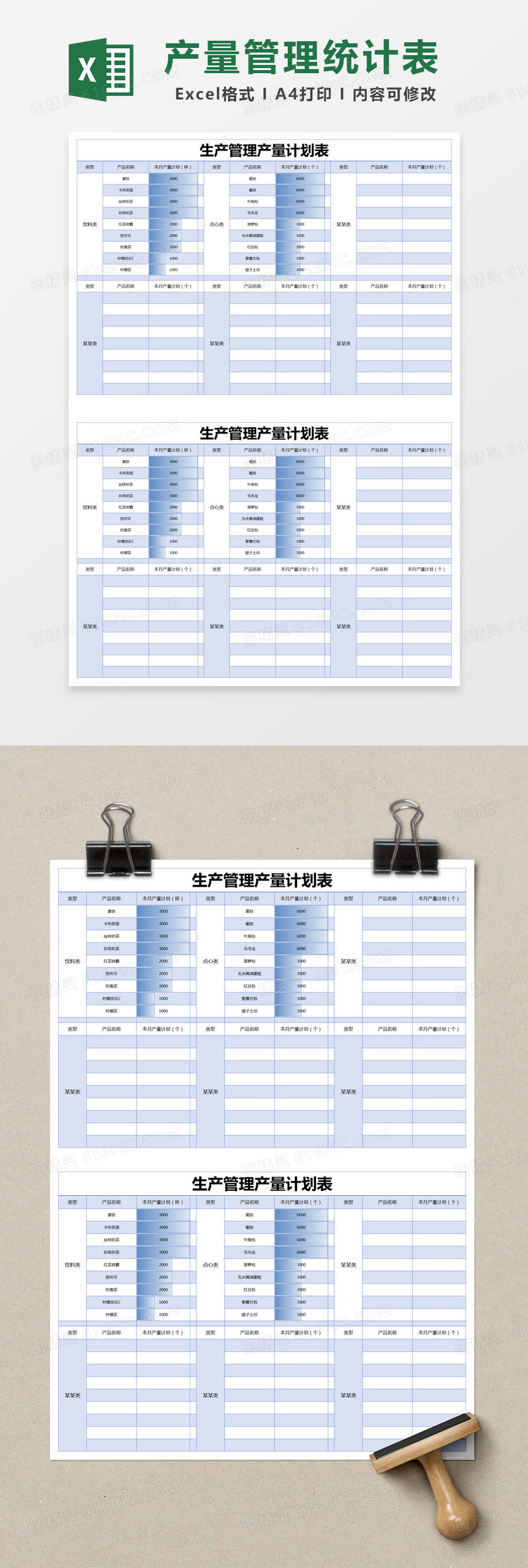 蓝色简约生产管理产量计划统计表excel模版