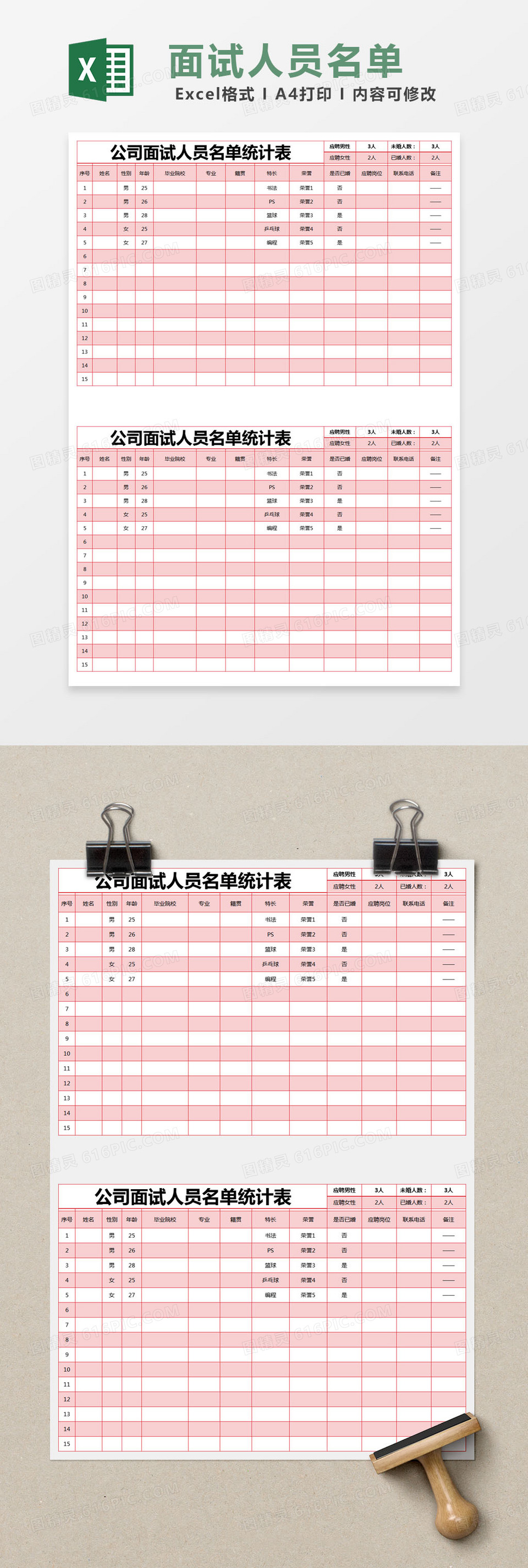 红色简约公司面试人员名单统计表excel模版