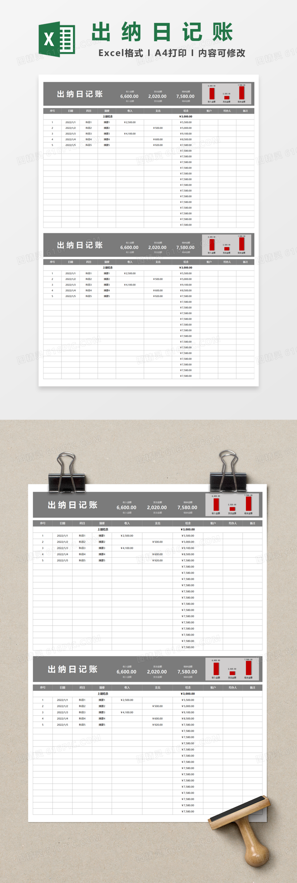 实用出纳日记账Excel模板