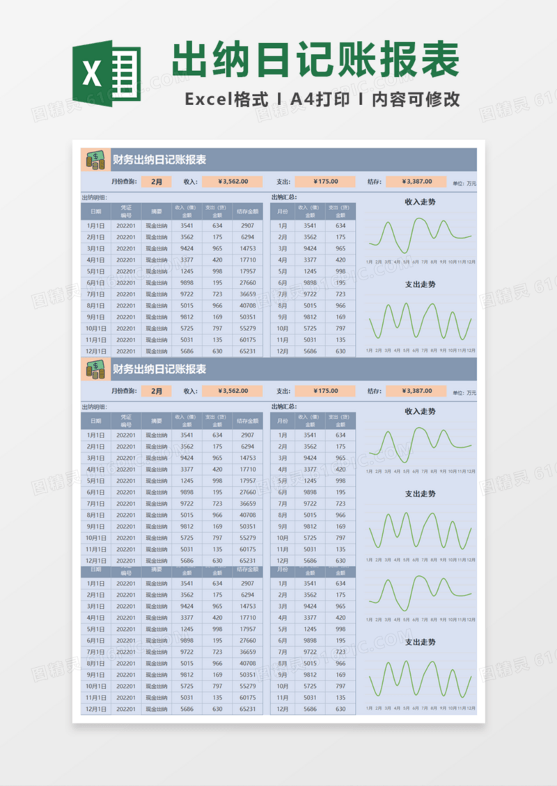 财务出纳日记账报表Excel模板