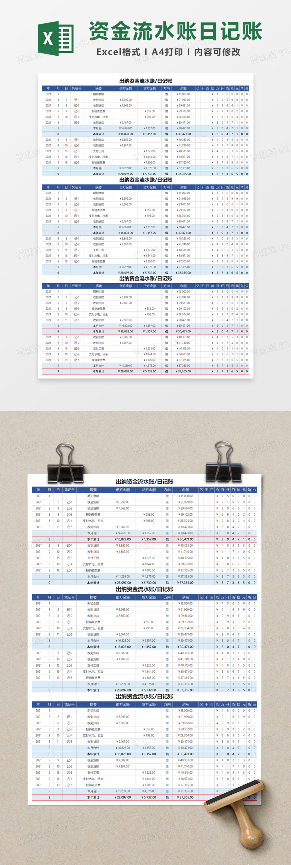 出纳资金流水账日记账Excel模板