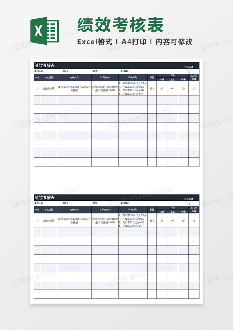 蓝灰简约绩效考核表