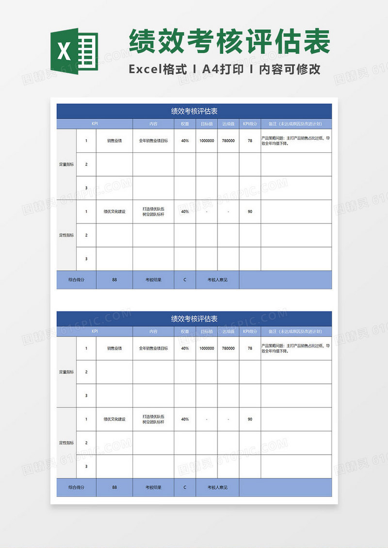 淡蓝简约绩效考核评估表