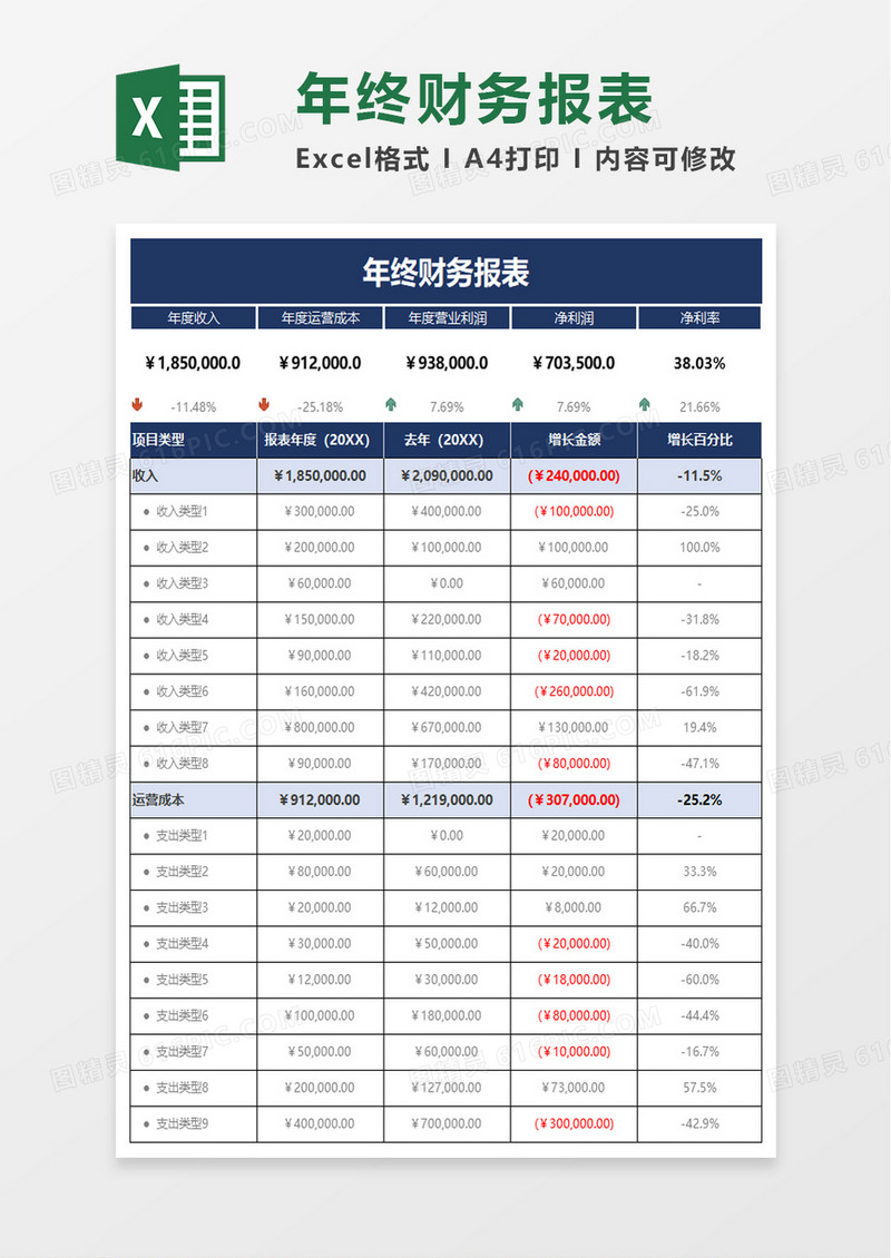 简洁年终财务报表excel模板