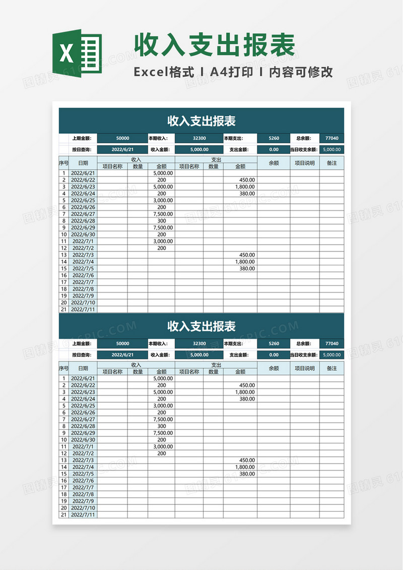 收入支出报表excel模板