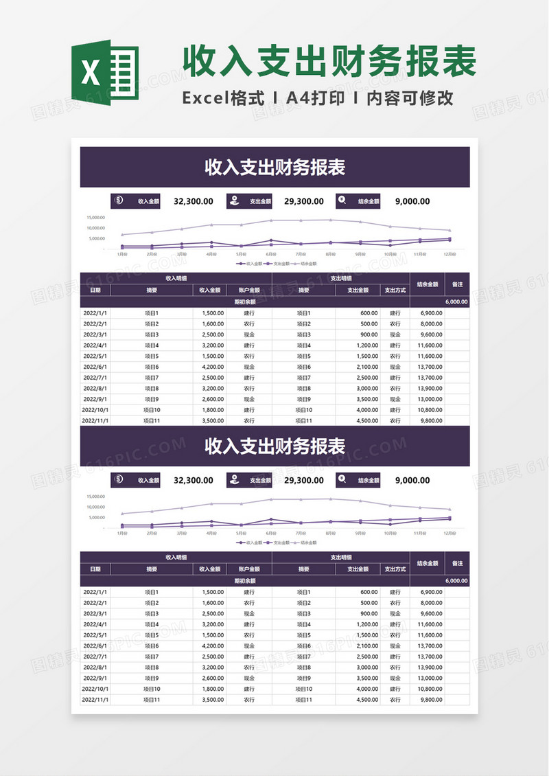 简洁收入支出财务报表excel模板