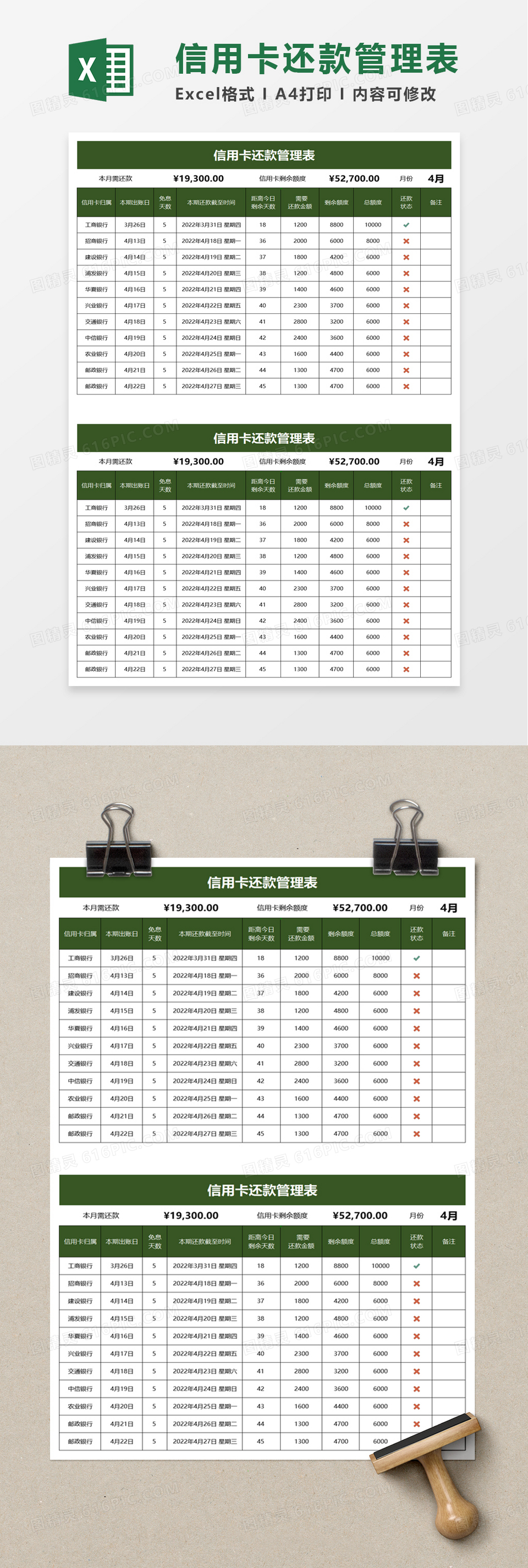 实用信用卡还款管理表excel模板