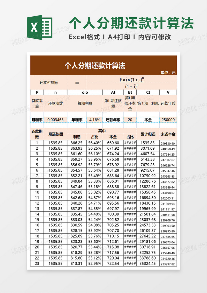 个人分期还款计算法excel模板