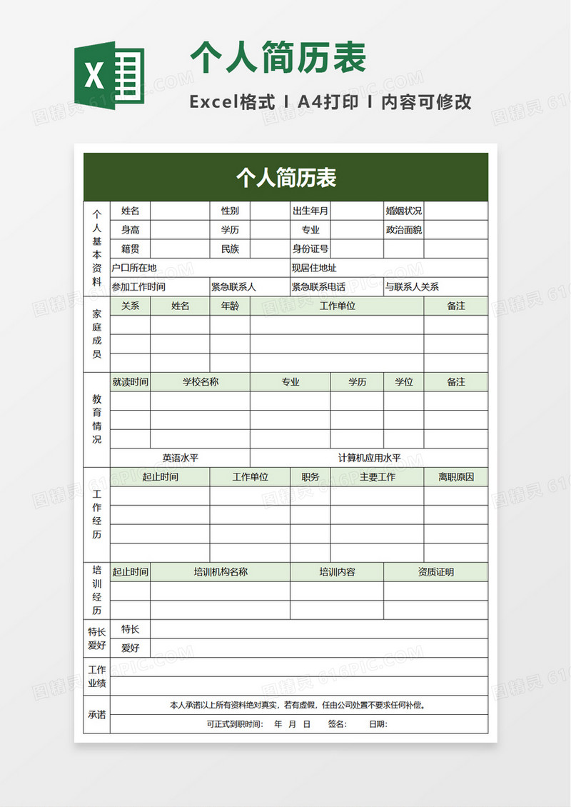 简洁绿色个人简历表excel模板