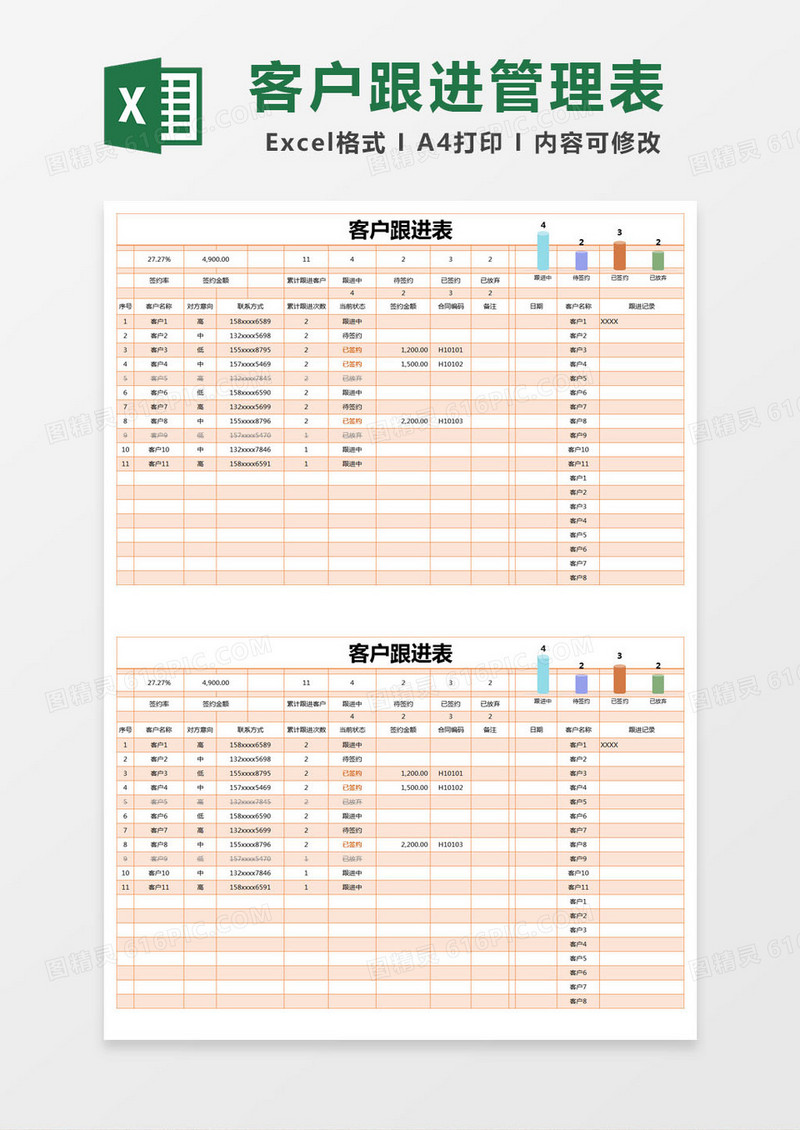橙色简单客户跟进表excel模版