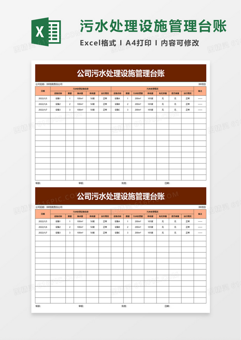公司污水处理设施管理台账excel模板