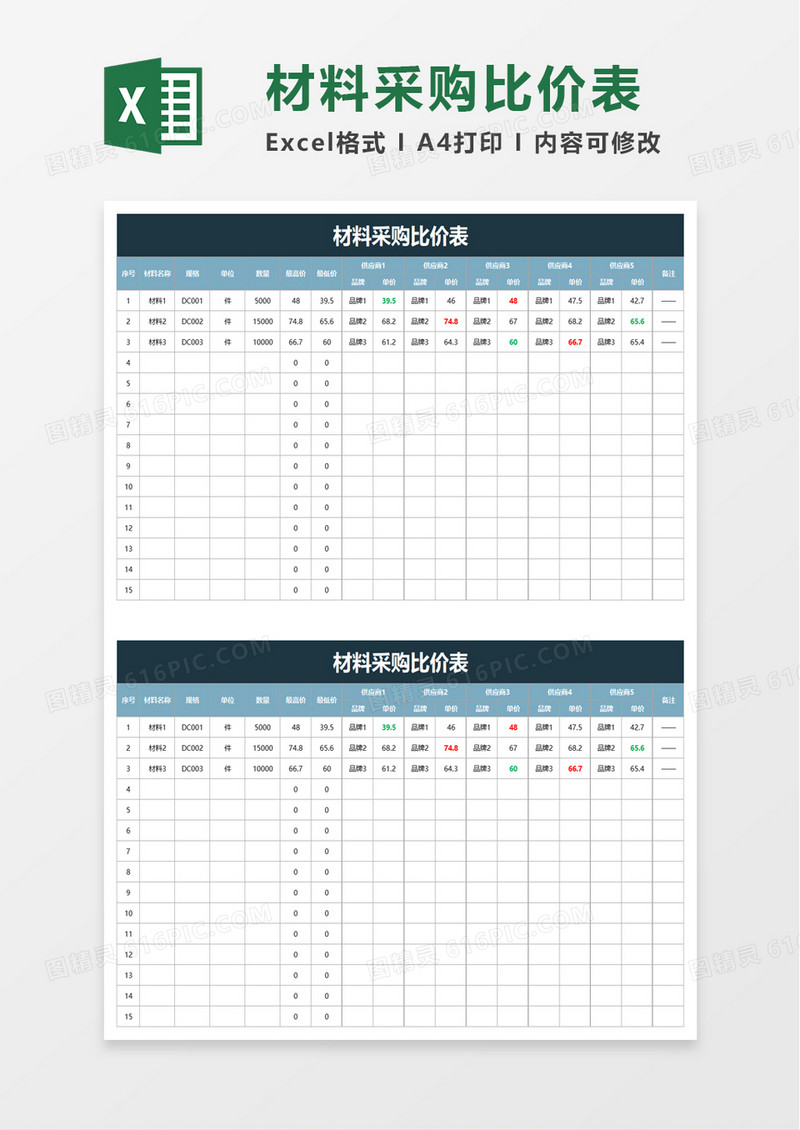 材料采购比价表excel模板