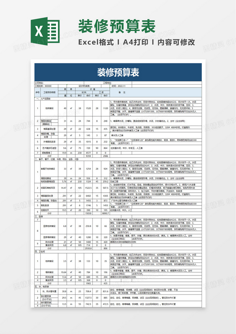 商务实用装修预算表excel模板