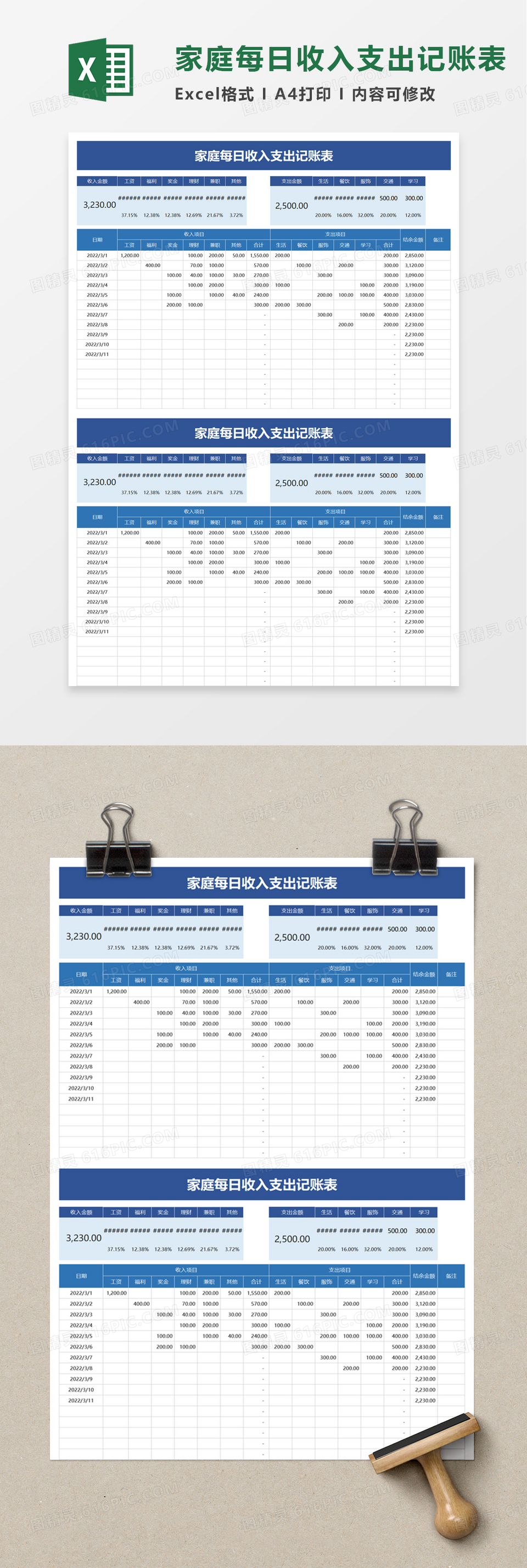 家庭每日收入支出记账表excel模板