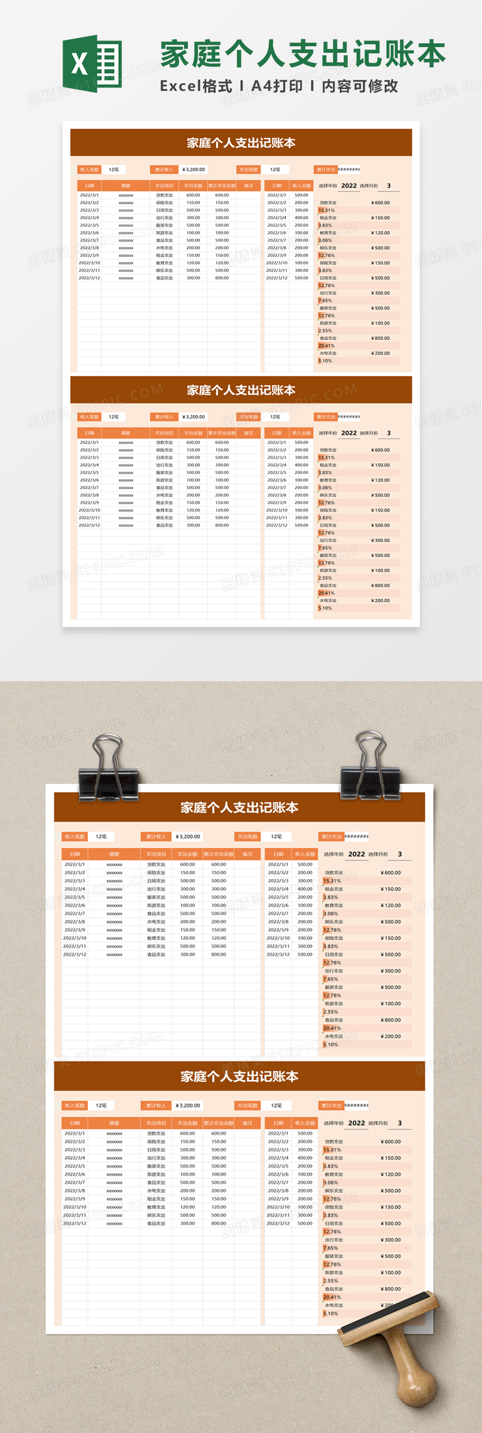 通用家庭个人支出记账本excel模板