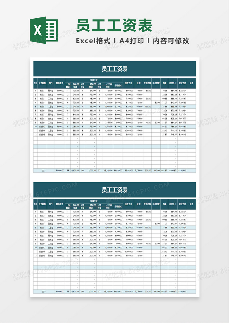 简洁通用员工工资表excel模板