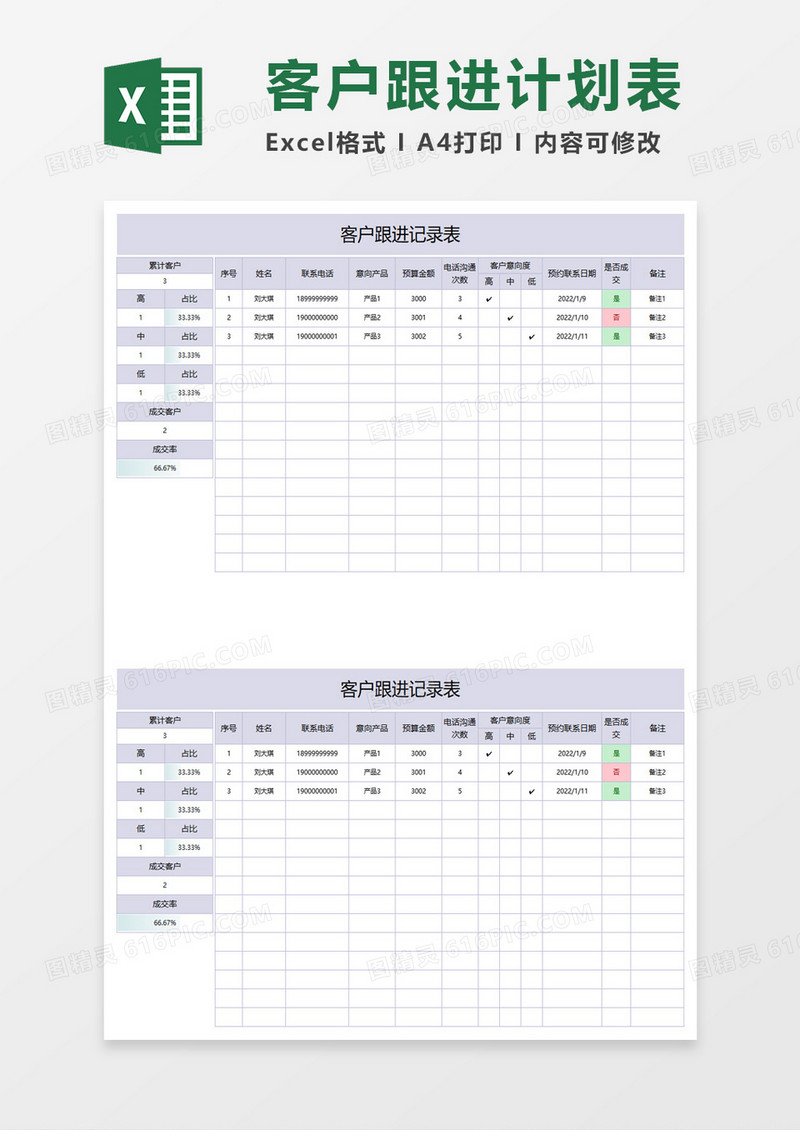 客户跟进计划记录表格excel模板