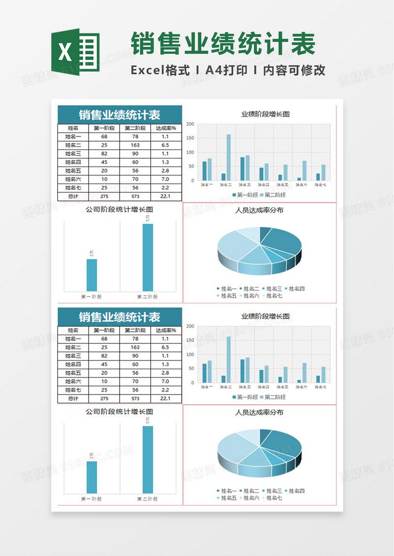 简单简约销售业绩统计表excel模板