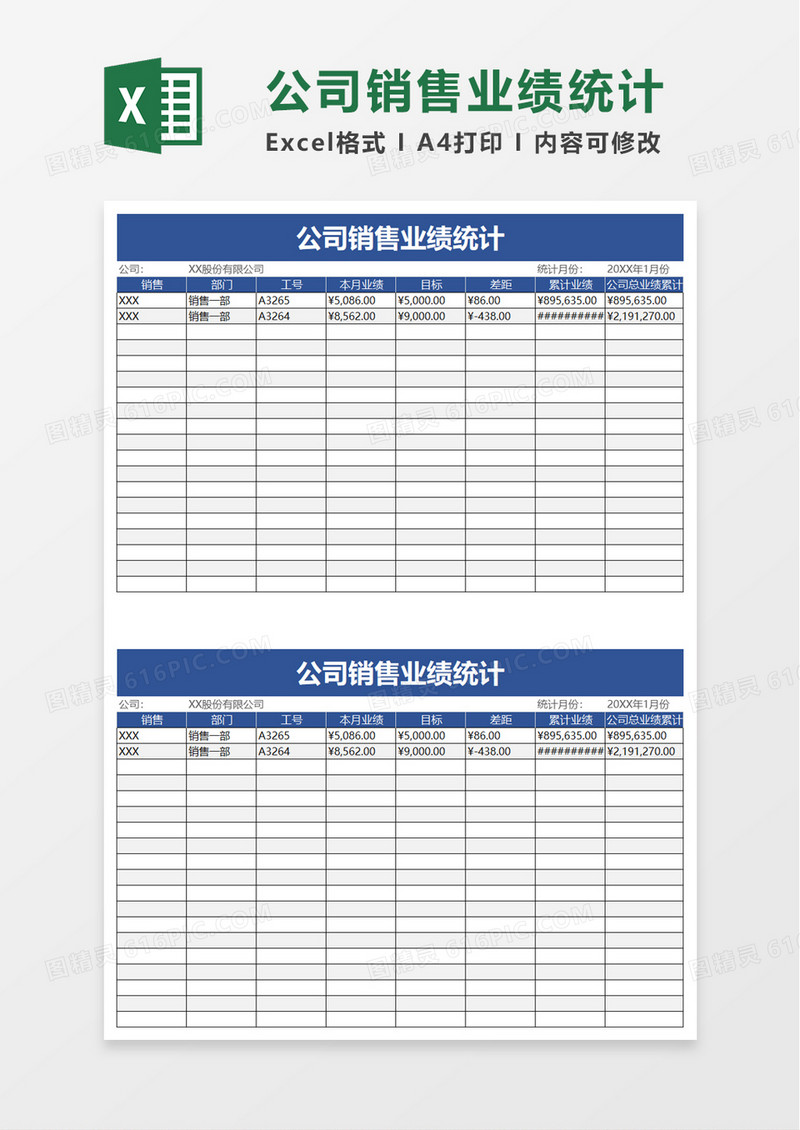 公司销售业绩统计excel模板