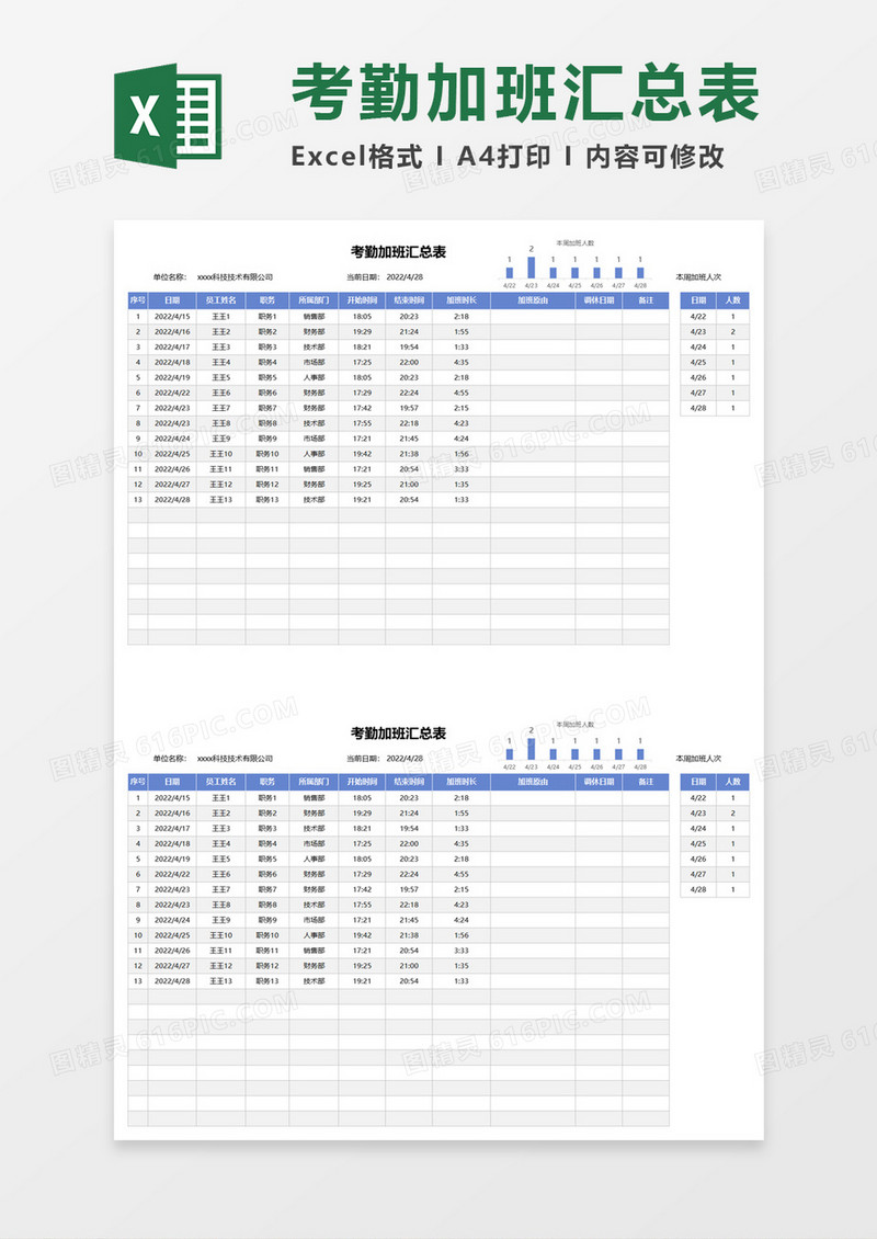 考勤加班汇总表excel模板