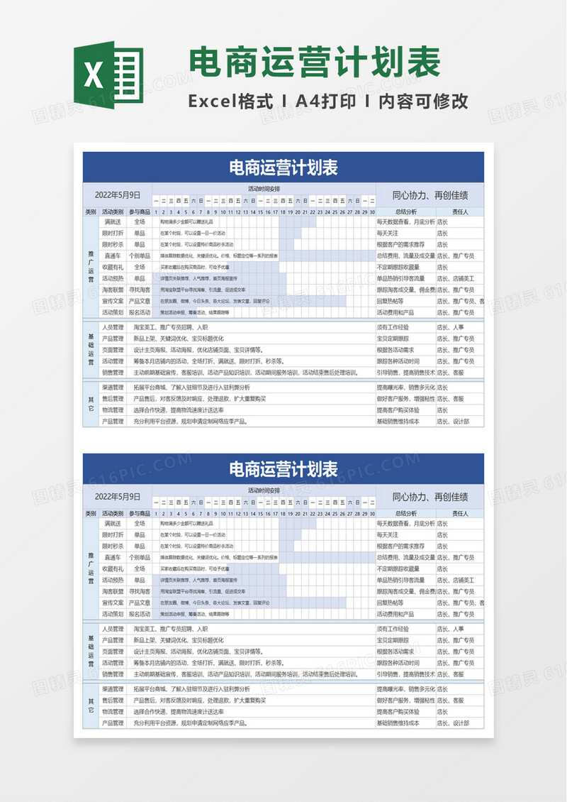 通用电商运营计划表excel模板