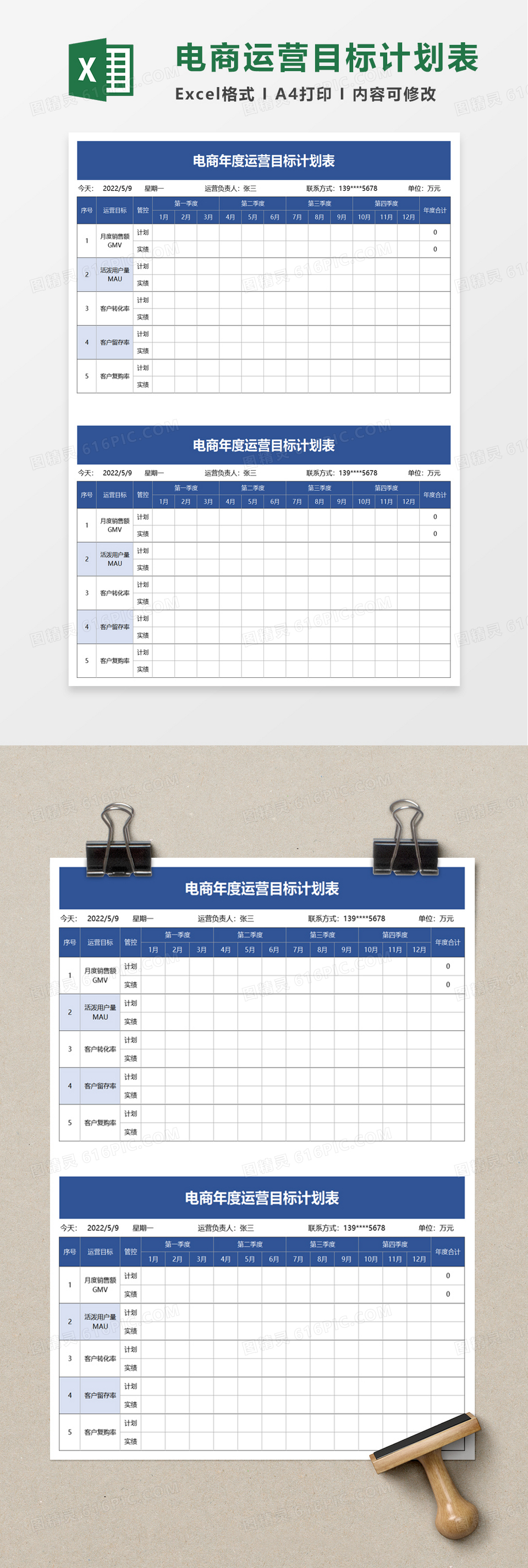 简洁电商年度运营目标计划表excel模板